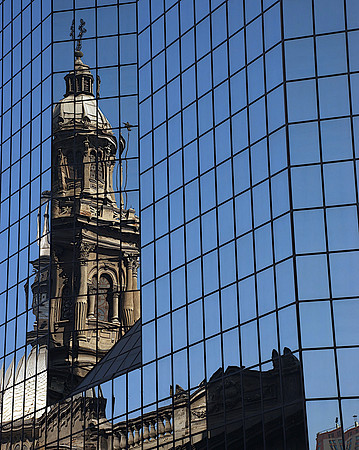 Church reflection - Place des Armes, Santiago, Chile